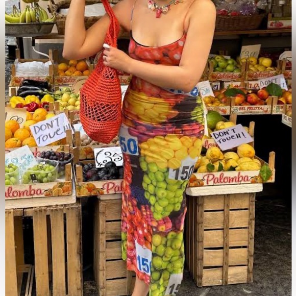 New Zara Colorful Fruit Print Backless Dress - Picture 4 of 12